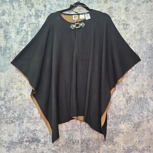 Anne Klein Poncho Cape Womens Medium Black Tan Knit Old Money Equestrian Boho